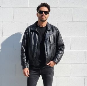 Vintage Oversized Black Leather Bomber Jacket 90s 1990s Moto Mens Size Medium